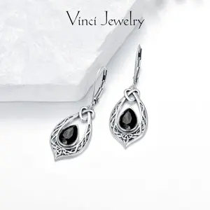 925 Sytehtic Obsidian Drop Earrings with Celtic Dasign, Elegant and Vintage Dangle Earrings Jewelry for Women, Perfect for Suit and Daily Wear, Birthday Gift for Lover Girls