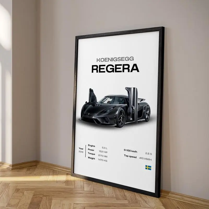 Koenigsegg Regera Poster Mid Century Modern Car Artistic Wall Art Decor for Living Rooms Dorms Bathrooms Kitchens & Bedrooms Frameless