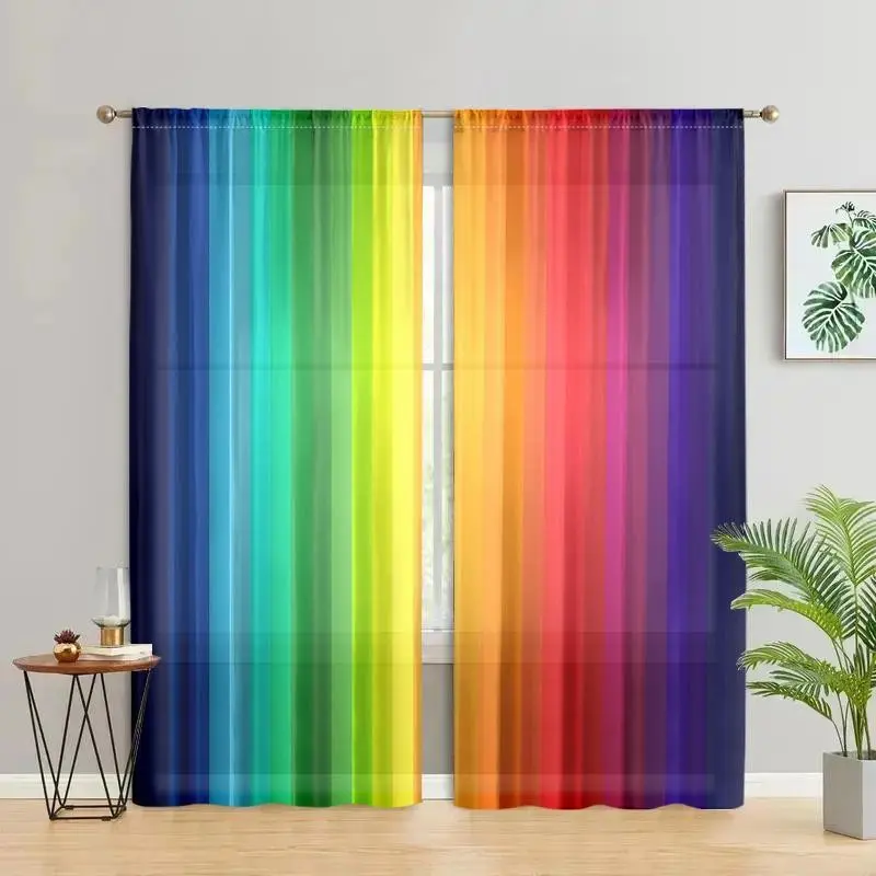 Colorful Striped Curtains, Modern Simple Rod Pocket Drapes, 2 Piece Set, Easy to Hang, Semi-Transparent Polyester, Living Room & Office Decor