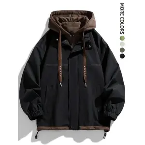 Men's Colorblock Letter Pocket Longsleeves Drawstring Hooded Jacket, Regular Fit Casual Windproof Long Sleeve Hoodie Jumper for Fall & Winter, Men's Clothes for Daily Wear, Fall Clothes 2024 Tops, Waterproof Jacket