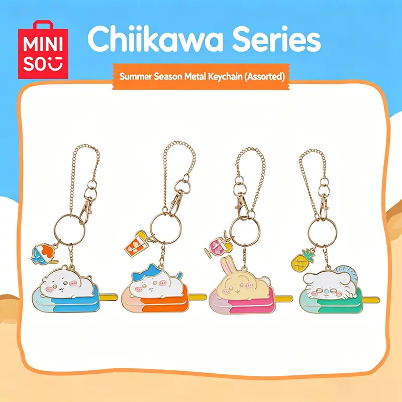 MINISO Chiikawa Summer Season Metal Pendant - Cute Hachiware Usagi Momonga Sea Otter Animal Character Figurine, Kawaii Chibi Bag Charm Keychain, Exquisite Metal Craft Decor, Ideal Collectible Gift for Fans,  Back-to-School Gifts