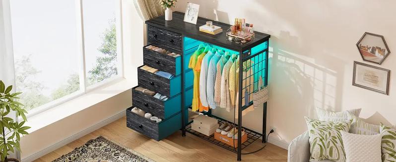 Raybee 49.2"-51.2" White Dresser for Bedroom with Hanging Rack, 6-10 Drawer LED Dresser with Charging Station, Modern Fabric Chest of Drawers with Wooden Top & Grid Panel, Premium Closet Storage Organizer