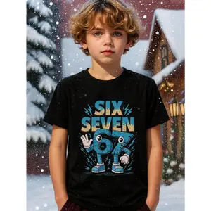 Little boy 67 emoji gesture robot number character mecha blue lightning fun 100% cotton pattern T-shirt, 67 Thanksgiving and Christmas boys' fall clothing, machine washable, toddler cartoon T-shirt, teen boy clothing gift