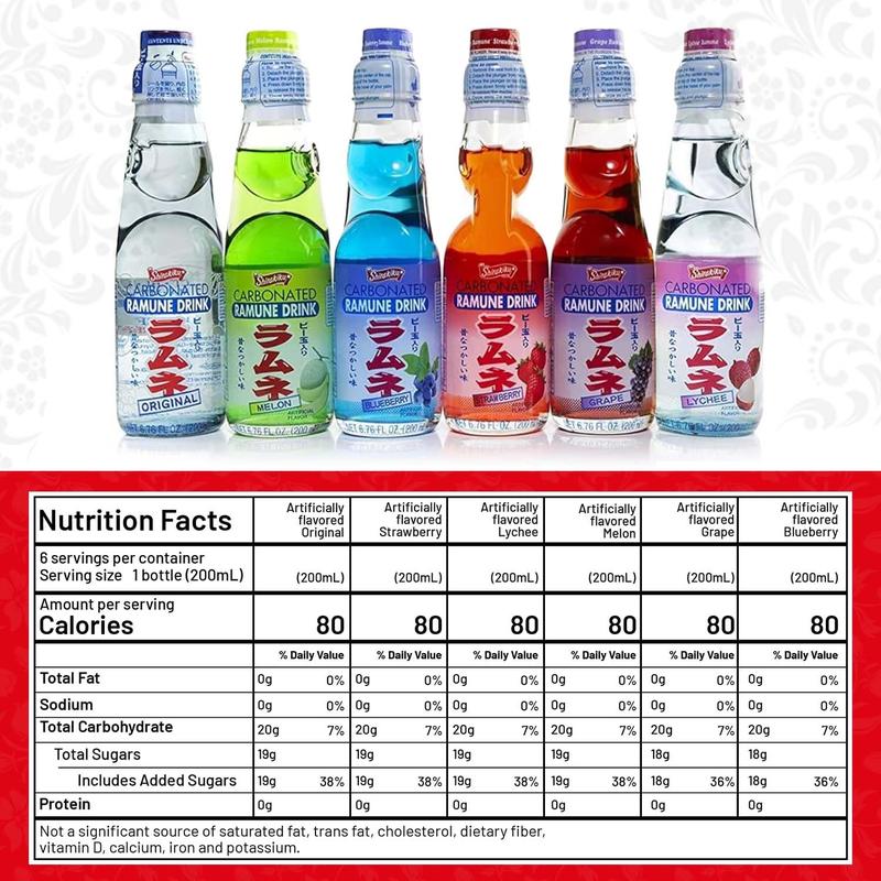 Shirakiku Ramune Japanese Soda Variety Pack - Pack of 6 Japanese Marble Soda Flavors Including Strawberry, Melon, Lychee, Grape & Blueberry - 6.76 fl oz Bottles - Beverage, Fruit