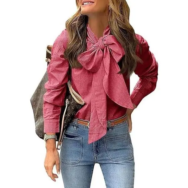 Cicy Bell Women's Plaid Shirt with Bow Tied Neck Button Down Long Sleeve Fitted Casual Dressy Blouse Tops in Brown for Any Occasions Elegant Womenswear Valentine's Day