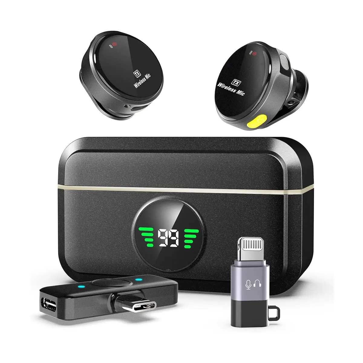 Wireless Lavalier Microphone with Noise Reduction, Charging Case, Clip-On Lapel Receiver for iPhone, iPad, Android Smartphones, USB Wearable Recording & Live Podcast Equipment (Black)