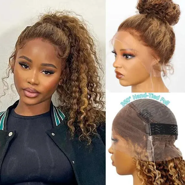 Ashimary Invisi-Strap 360 Skin Lace Human Hair Wig, P4/27 Highlight Ombre Chocolate Brown, Glueless Pre-Plucked Water Wave, Human Hair Silky Lace Area Wig #Summervibes, Lace Area Wigs