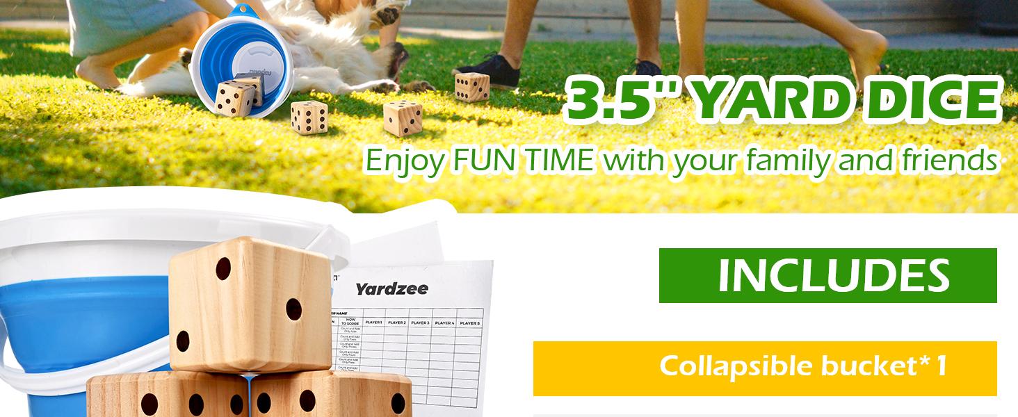 (Summer Turn-Up)Ropoda Giant Wooden Yard Dice Set - 3.5" Dice, Double Sided Scoreboard, Water Resistant, Collapsible Bucket, Dry Erase Marker - Perfect for Outdoor Games, BBQs, Beach, and Grad Parties, Summer Turn Up & Father's Day Deal