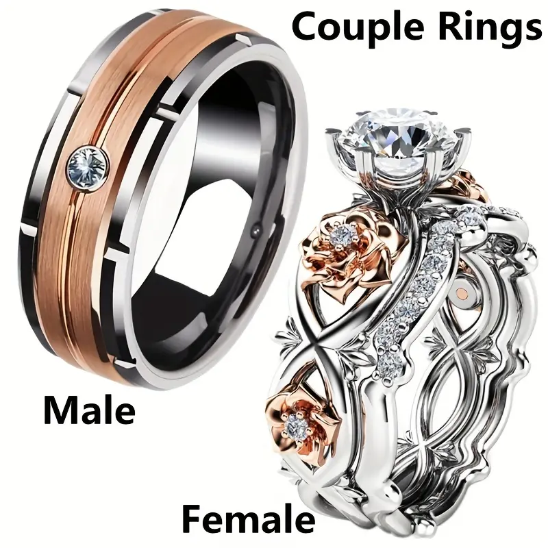 Couple Rings His and Hers Matching Set, Romantic Rose Gold Stripe & Rose Design Diamond Engagement Jewelry - Romantic Gifts for Her, Gifts for Boyfriend, Engagement Wedding Jewelry, Promise Ring, Couple Gifts For Adults
