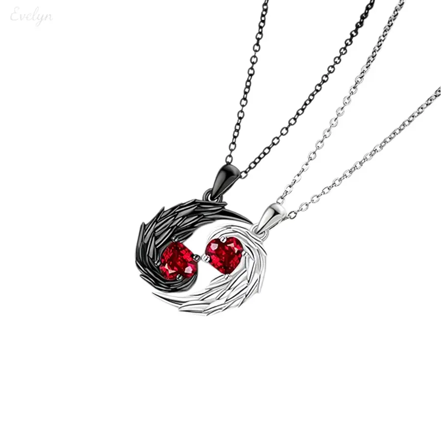 Matching BF and GF Angel-Devil Wing Couple Necklaces, 2-Part Story Dark Fantasy Set with Black-Silver Pendants, Red Heart Crystal Couple-Themed Romantic Jewelry, Two Part Story Necklace