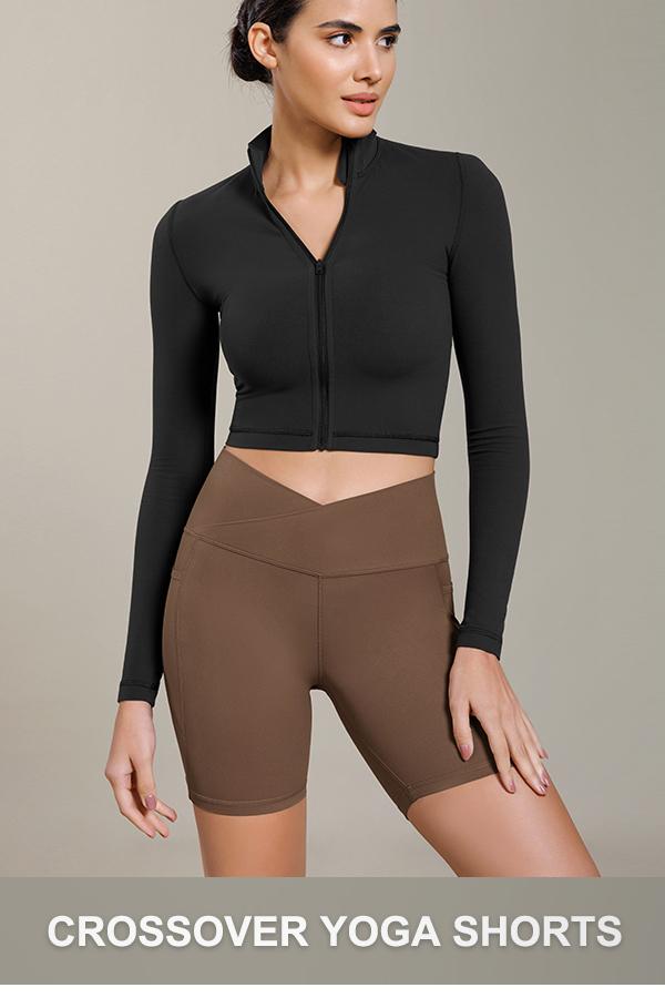 ODODOS Cloud Feeling Cross Waist Yoga Shorts with Pockets for Women, 6" Crossover High Waist Lounge Biker Shorts