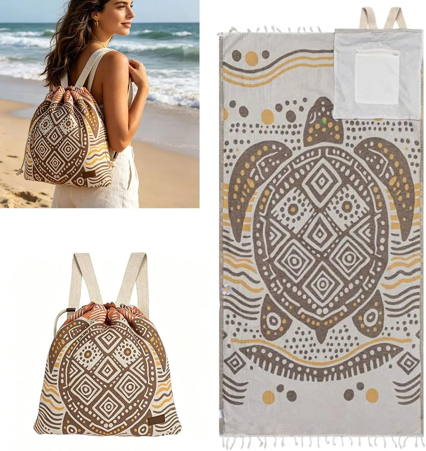 2-in-1 Beach Towel Drawstring Backpack, Sandproof Oversized Beach Blanket Tote Bag, Lightweight Outdoor Picnic Hiking Mat Travel Essentials for Women Men