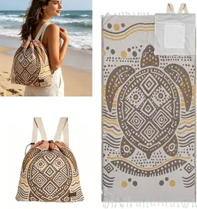 2-in-1 Beach Towel Drawstring Backpack, Sandproof Oversized Beach Blanket Tote Bag, Lightweight Outdoor Picnic Hiking Mat Travel Essentials for Women Men