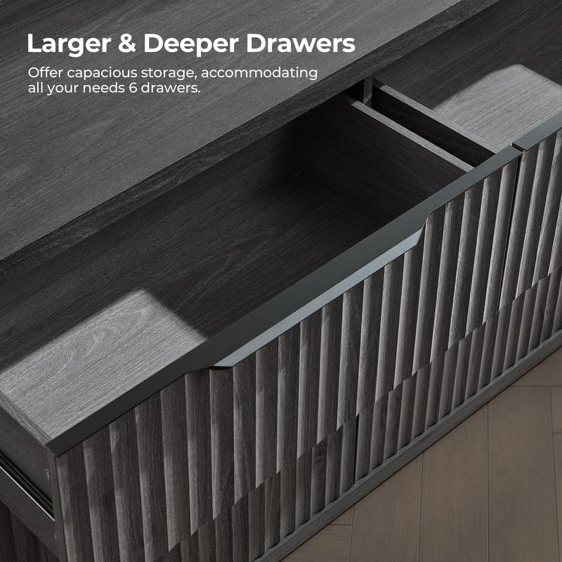 SICOTAS Dresser for Bedroom 6 Drawer Dressers & Chests of Drawers for Closet Long Large Modern TV Stand Set for Clothes Storage Fluted Wide Clothes Closet for Hallway Entryway