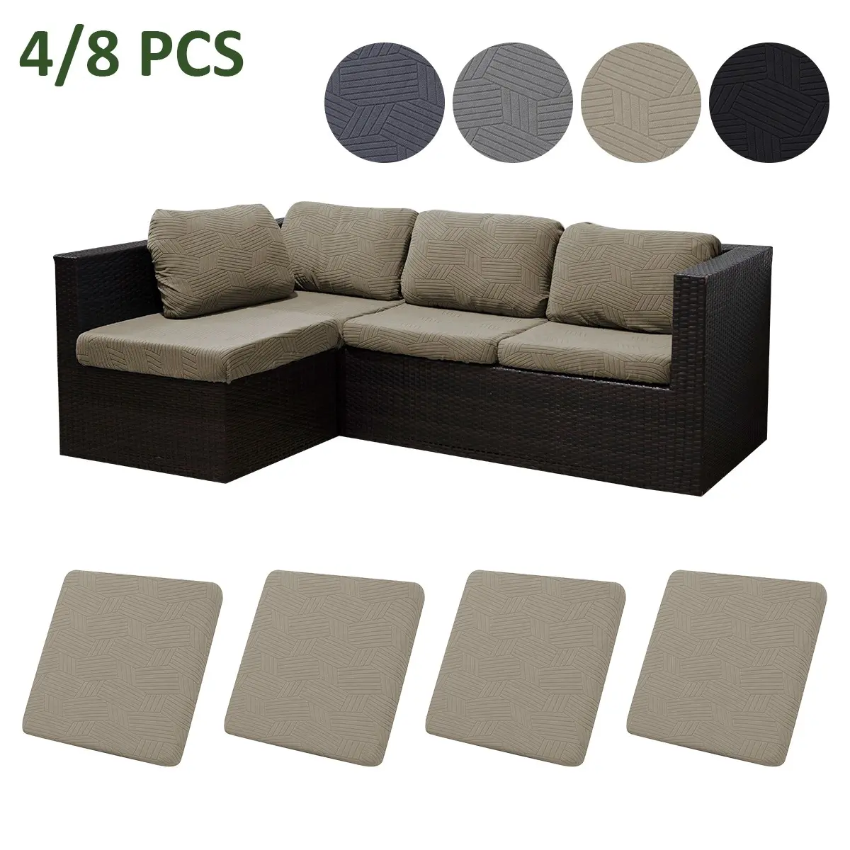 4 Or 8 Piece Plaid Jacquard Outdoor Sofa Cushion Covers Set, Weather Resistant, Water Repellent, All-Season Elastic Fit Soft Washable Decorative Slipcovers For Patio Furniture
