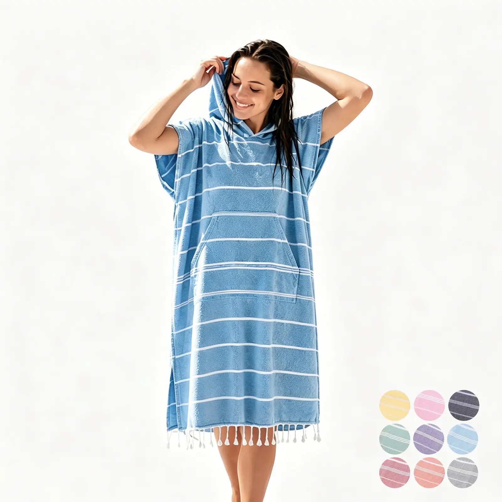 Hooded Beach Towel Poncho, Quick Dry Wearable Bath Towel with Pocket and Tassels, Soft Absorbent Changing Robe for Beach, Pool, Surfing, Camping, Travel, Quick Drying Towels