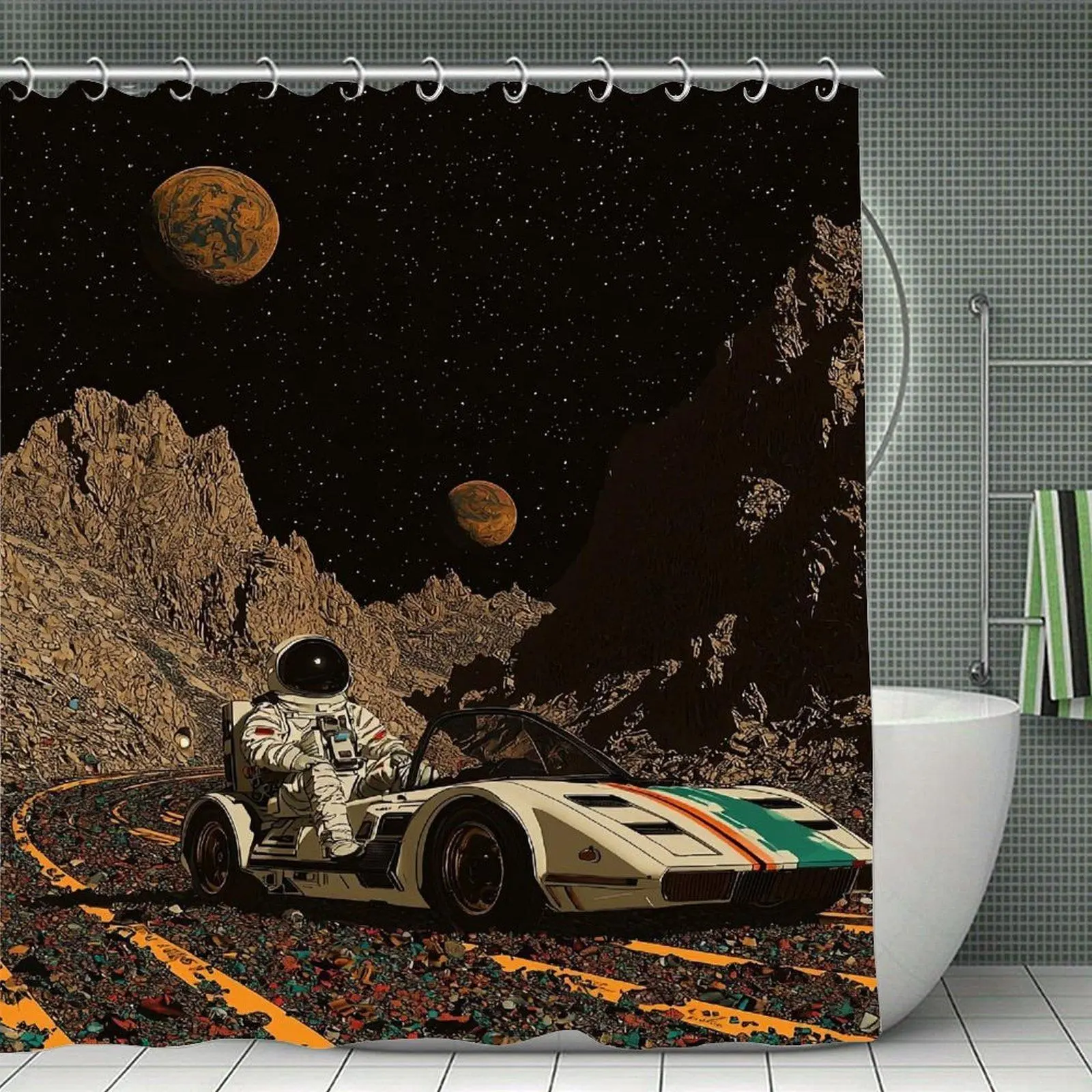 Astronaut Driving Retro Sports Car On Alien Mountain Terrain Space Art Shower Curtain