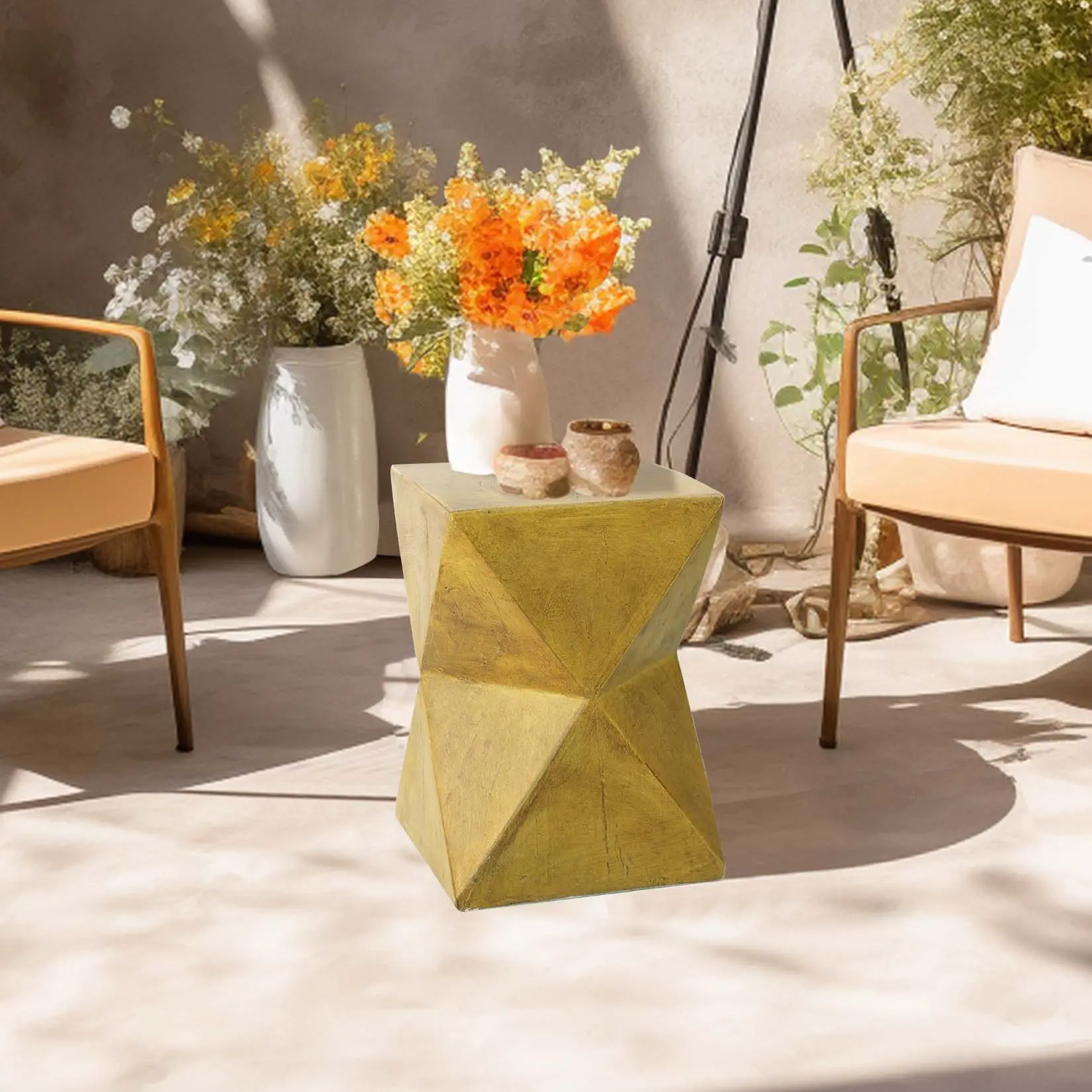 Concrete Pedestal Side Table - Lightweight, Durable, Geometric, Fully Assembled, 60kg Load Capacity, High Temperature Resistant, Rustic Outdoor Table Suitable for Indoor, Kitchen, Lounger Room Use