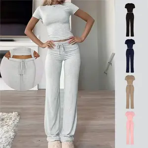 Women's Solid Long Sleeve Crop Top & Drawstring Waist Straight Leg Pants Loungewear Set, Casual Comfy Round Neck Top & Trousers PJ Set, Ladies Sleepwear for Spring & Fall