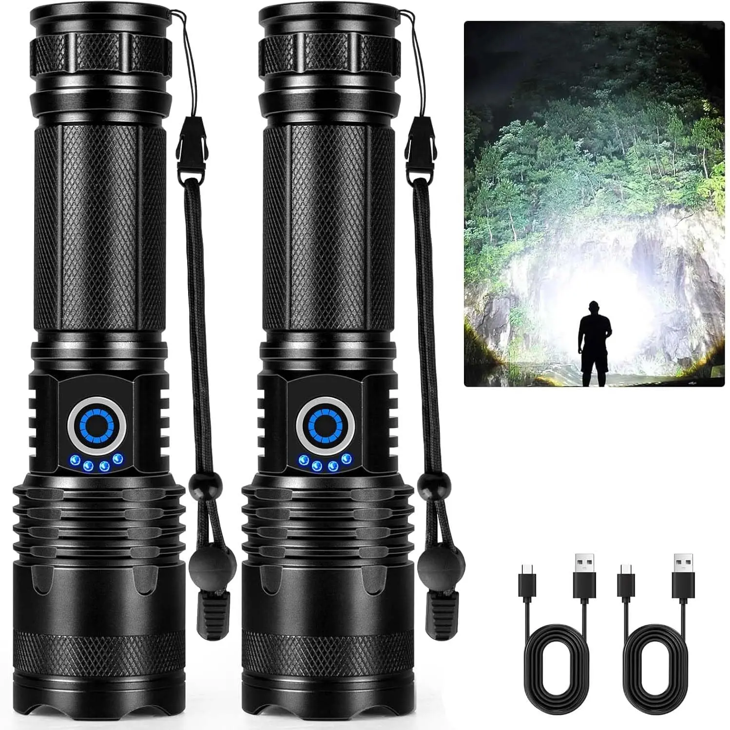 2 Pack High-Intensity Rechargeable Strong Flashlights, High Lumens High Brightness XHP50.2 LED, 5 Modes for Various Lighting Needs, Water-Resistant USB Handheld Flashlights, Mother's Day Gifts