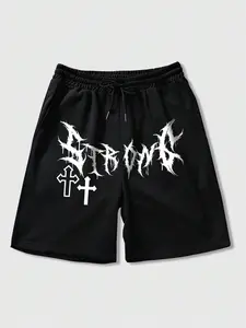Men's Relaxed Fit "Strong" Death Metal Font Cross Graphic Shorts, Gothic Streetwear Sweat Shorts, Dark Street Style Fashion, Ideal for Layering with Oversized Tees & Sneakers, Perfect for Streetwear Lovers