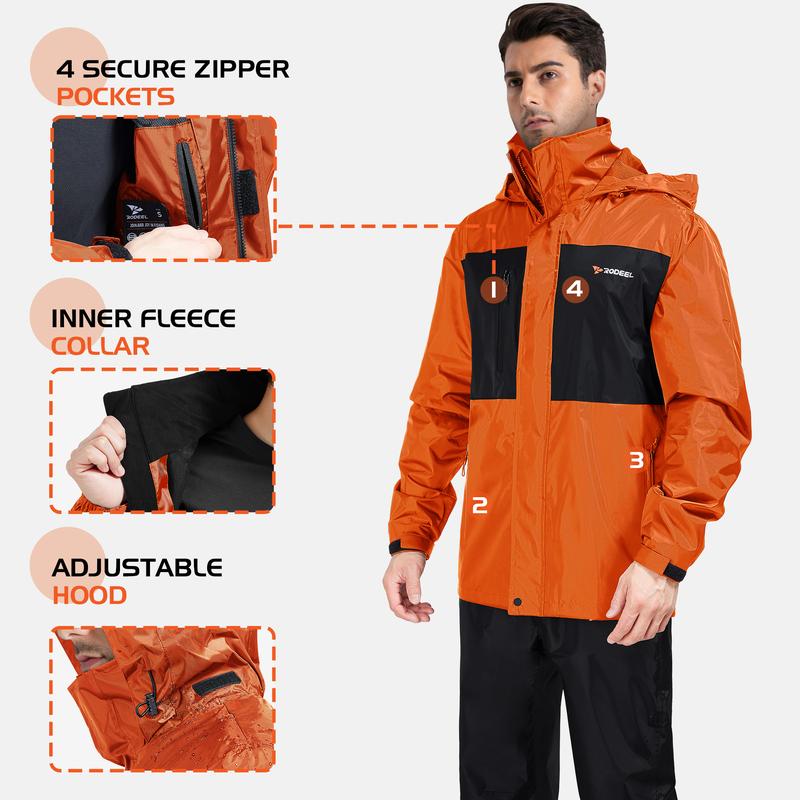 RODEEL 702 Waterproof Jacket and Pants Set Men Rainproof Lightweight Breathable Full Zip Hooded Rain Coat Durable Rain Suit Weatherproof Rainwear Windbreaker For Outdoor Hiking Camping Fishing Boating Construction Landscaping, Holiday Gift