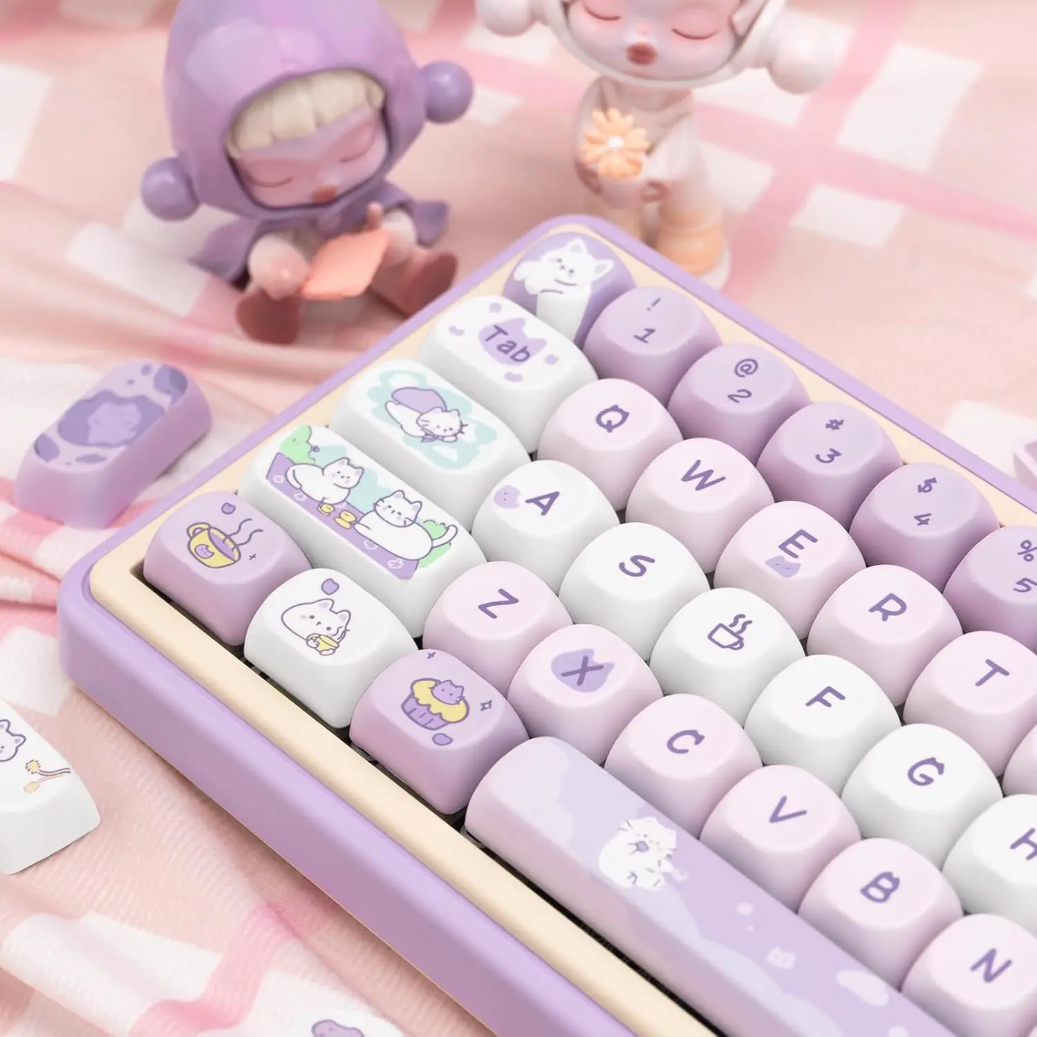 COOMICKEY PBT Keycaps Set - 132-Keys MOA Profile Dye-Print Purple Cute Cat Custom, Hard Wear-Resistant Pastel Color with Keycap Puller for ANSI Cherry MX Switches Mechanical Gaming Keyboards, Gaming Keyboard