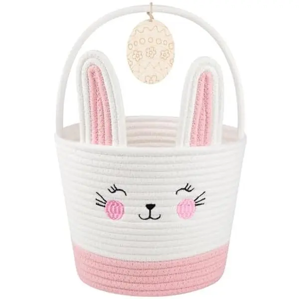 Personalized Easter Basket for Toddler, Woven Baby Easter Gifts basket with Handle, Empty Bunny Egg Basket for Girls Boys Kids, Pink&White