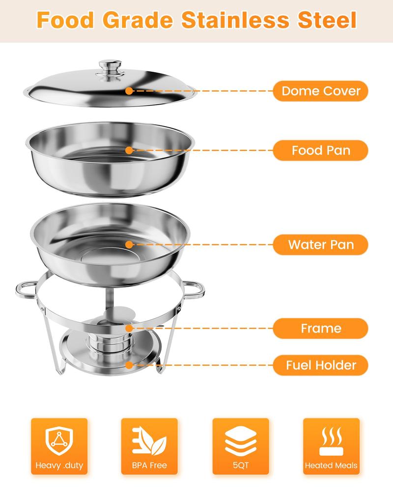 【GARVEE】Professional Stainless Steel Chafing Dish 5QT Round Buffet Server & Warmer Rust Resistant Casserole Cooking Container 2 4 or 6 Pack Options