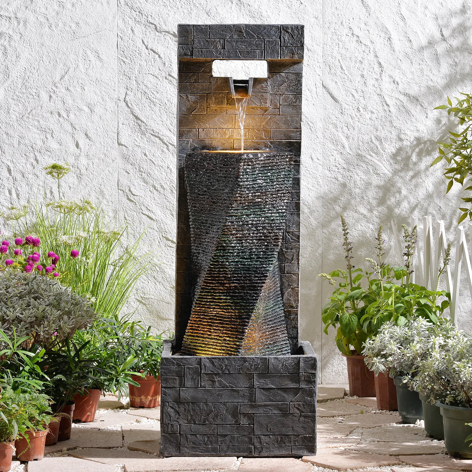 39.8’’ Tall Modern Spiral Waterfall Fountain Outdoor/Indoor  Freestanding  Water Fountain Resin Stone-Like Water Feature with LED Lights for Outside, Garden, Patio, Porch, Deck, Backyard, Home Decor Outdoor Garden Fountain