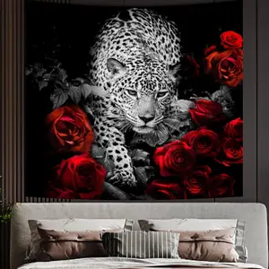 Cheetah and rose pattern tapestry, fun Lightweight Decoration wall hanging, dopamine outdoor art tapestry, suitable for living room, bedroom, college dorm, trippy room decor Halloween, creative gift Hanging Tapestry，bedroom decorative accessories