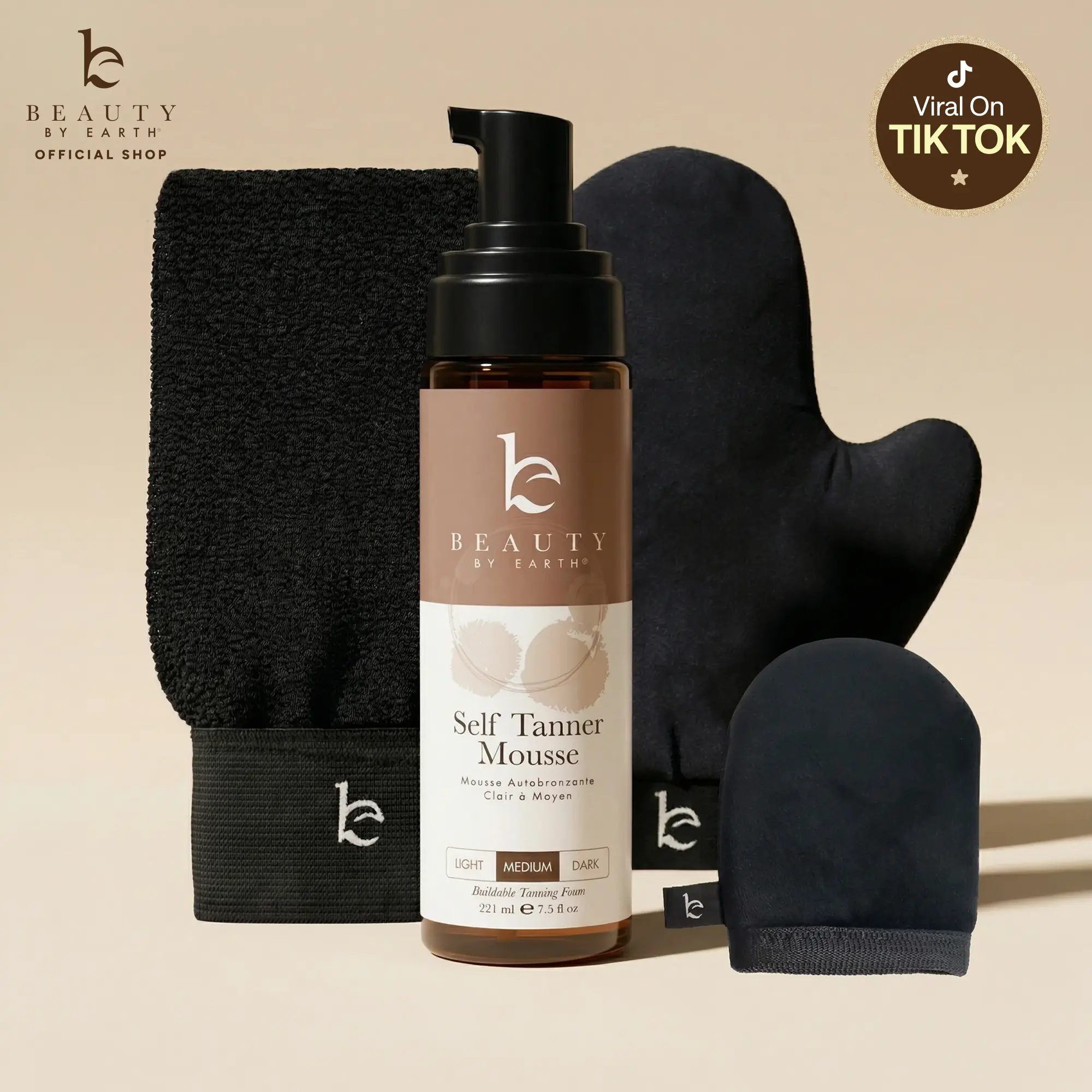 Beauty by Earth Self Tanner Mousse Kit - Flawless Smooth Sunless Tanning Safe Made in USA with 3 Piece Applicator Kit for Streak Free Even Application