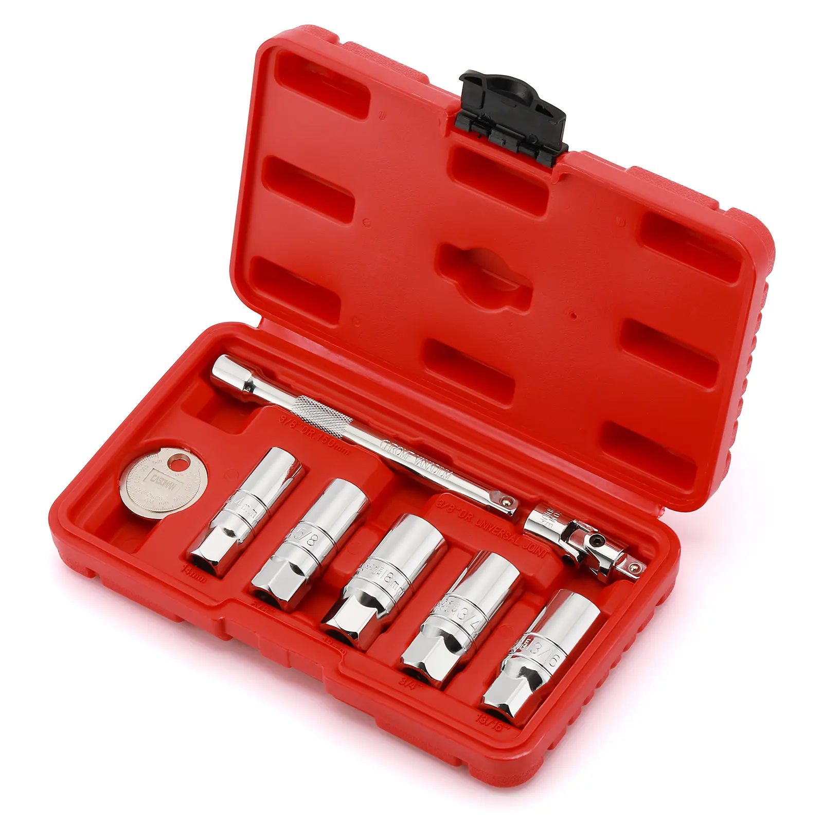 CASOMAN 3/8"-Drive 6-Point CR-V Steel 8-Piece Spark Plug Socket Wrench Set - Car Hand Tools with Wrench Extend Rod, Universal Joint, Gapper, Heavy Duty Hardware, 50BV30 Steel Resists Wear, Father’s Day Gift