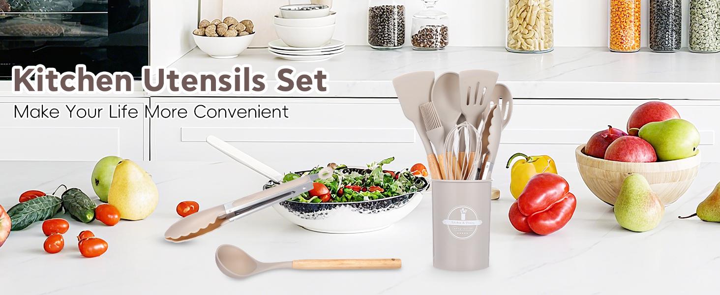 【Holiday Deals】12 Pcs Kitchen Utensils Set, 446°F Heat Resistant Silicone Cooking Utensils Set, Non-Toxic Wooden Utensil Set, Kitchen Gadgets Tools Set for Nonstick Cookware, Kitchen Accessories, Khaki