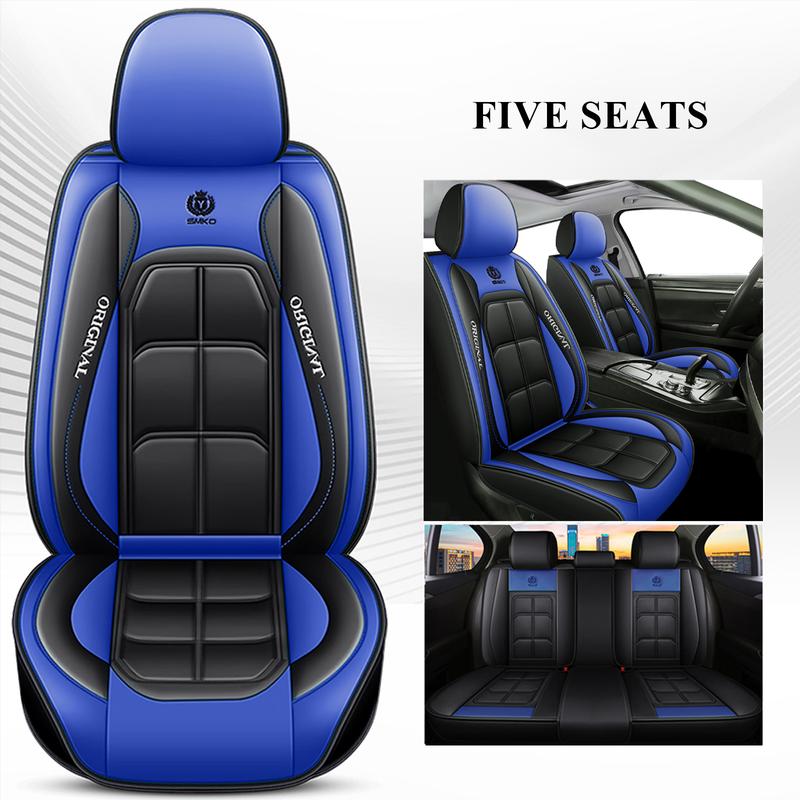 New Blue Five-Piece Set 2 Front 3 Rear Universal Car Seat Covers All-Season Full Leather Look Breathable Protector Changing Mat car  gifts katz kin _ leather