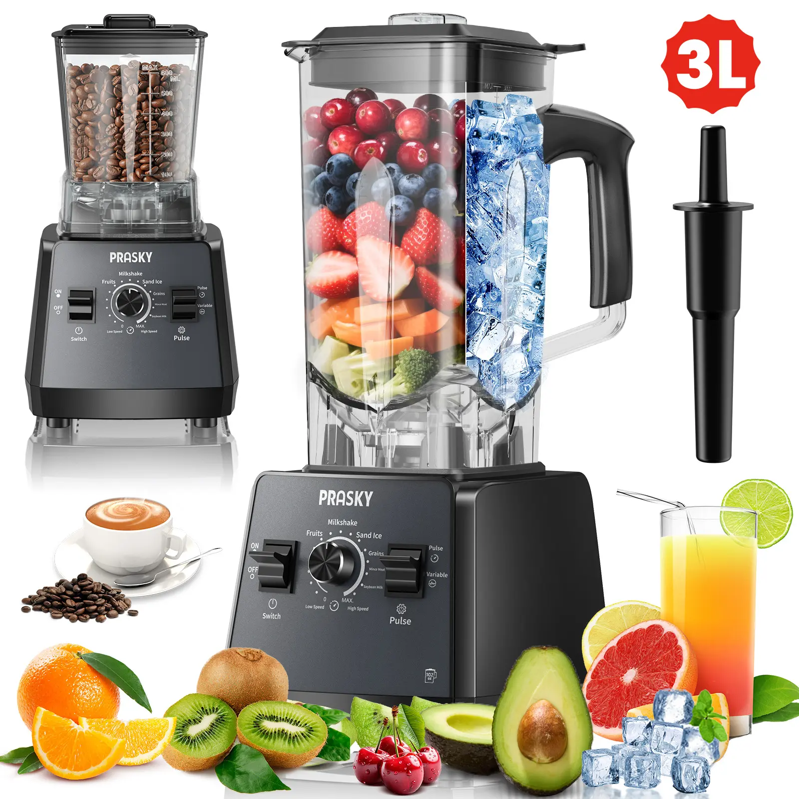 PRASKY Blender for Kitchen, 68&102OZ Large Capacity Professional Blender & Grinder Combo 2-in-1 Powerful Dual-Container Kitchen & Household Appliance, BPA-Free for Smoothies, Ice Crush, Frozen Drinks Home Multifunction Juicer