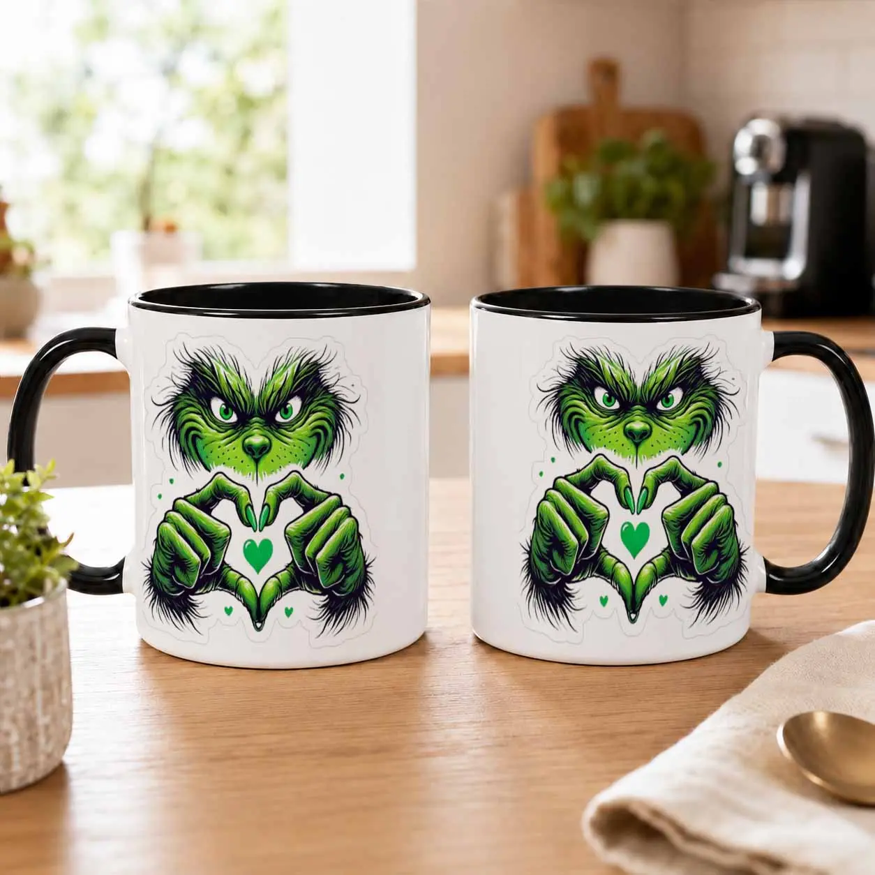 Green Monster Heart Hands Coffee Mug (11oz/15oz)， Grinchy holiday artistic print， durable ceramic dishwasher safe heat sensitive gift for Christmas party home kitchen office desk daily use