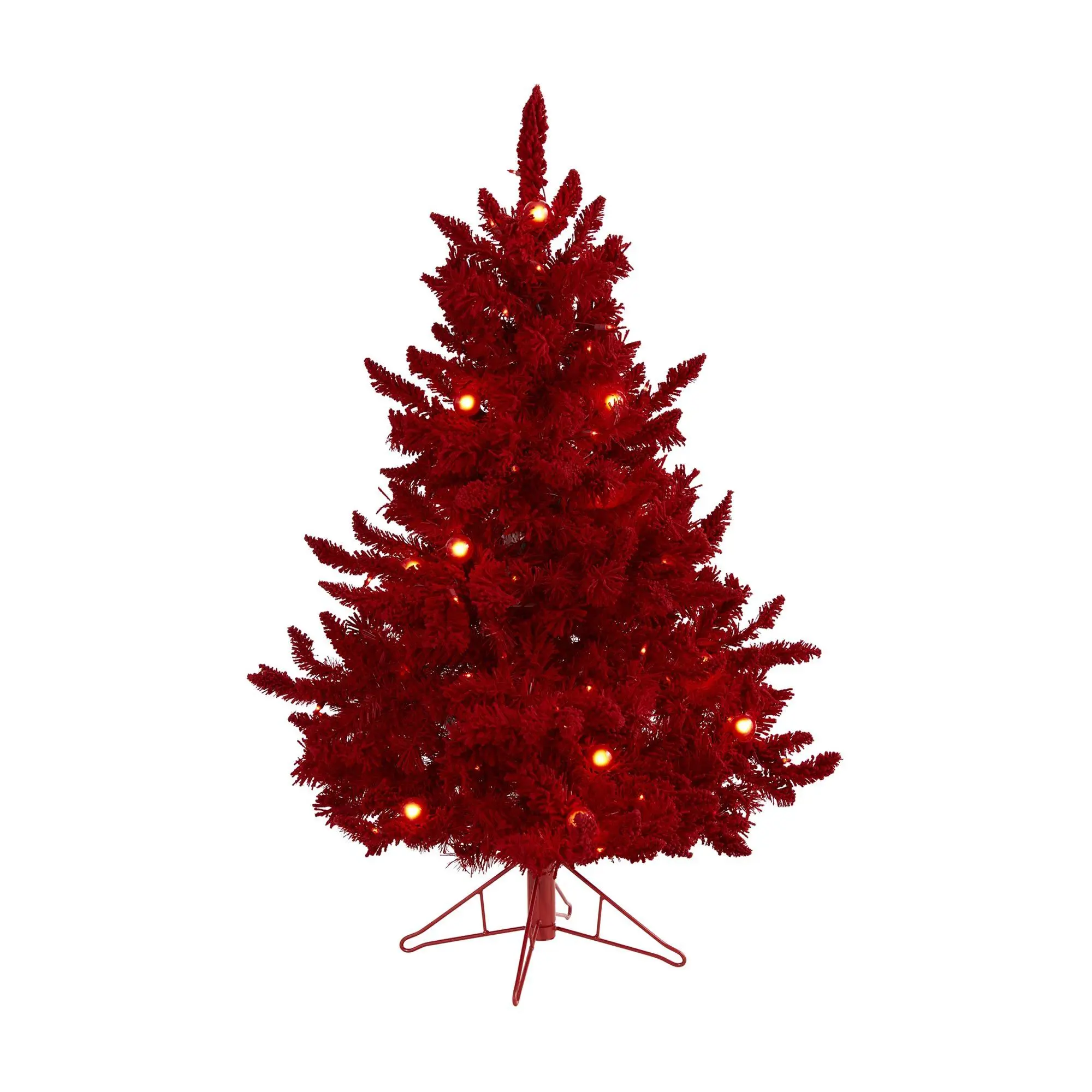 Nearly Natural 4' Red Flocked Christmas Tree w/ Lights