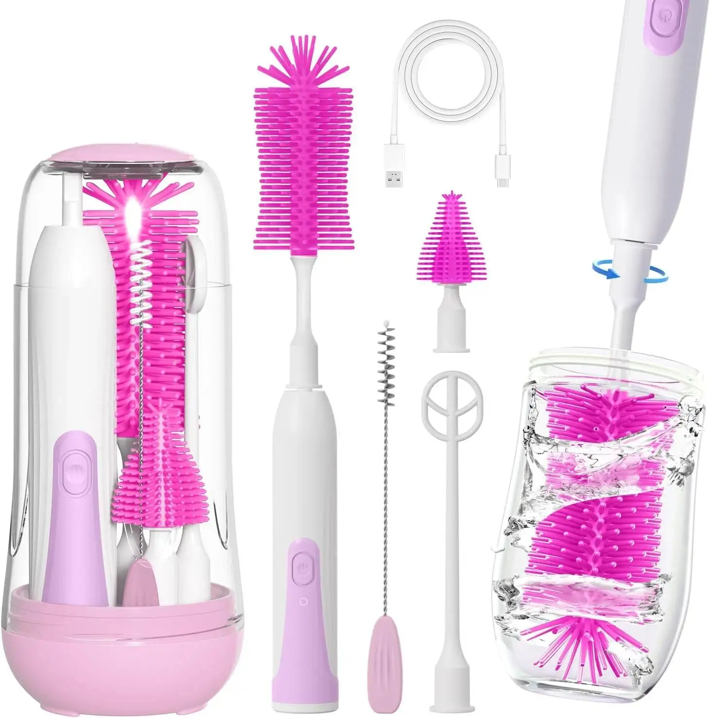 5-in-1 Electric Baby Bottle Brush Set with UV Sterilizer, USB Rechargeable Silicone Cleaner for Bottles, Nipples & Straws, BPA-Free