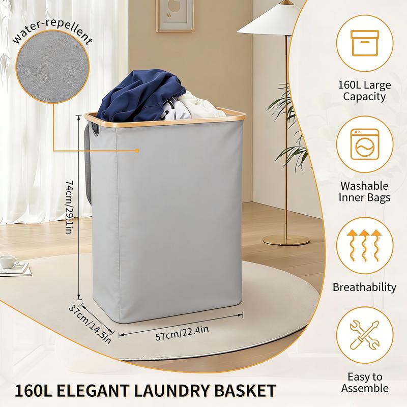Extra Large 160L Laundry Hamper with Lid | 3-Section, Sturdy Handle | Home Dirty Clothes Organizer