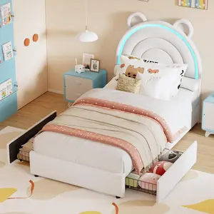 Garvee Twin Size Bed Frame with 2 Drawers, Upholstered Platform Design, LED Light, and Bear Headboard, Low to the Ground, Easy Assembly, White Finish, Functional and Stylish for Kids' Rooms