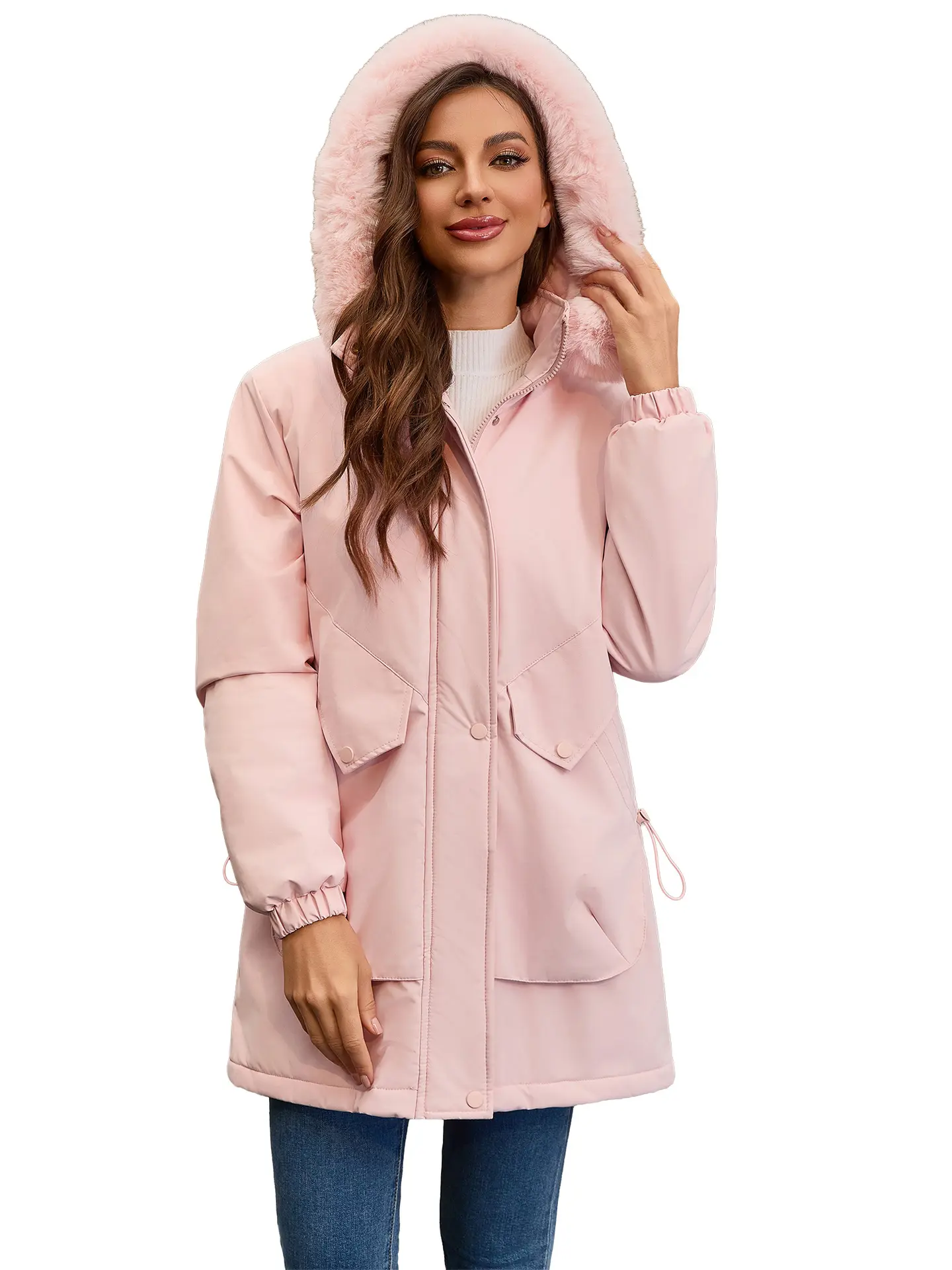 Women's Winter Woven Polyester Long Down Jacket Outerwear - Chic Elegant Minimalist Fitted, Large Fur Collar, Zip-Up, Regular Sleeves, Warm Padded, Soft Fabric, Plus Size (S-XXL), Black/Blush Pink, Dry Clean, Normal Type
