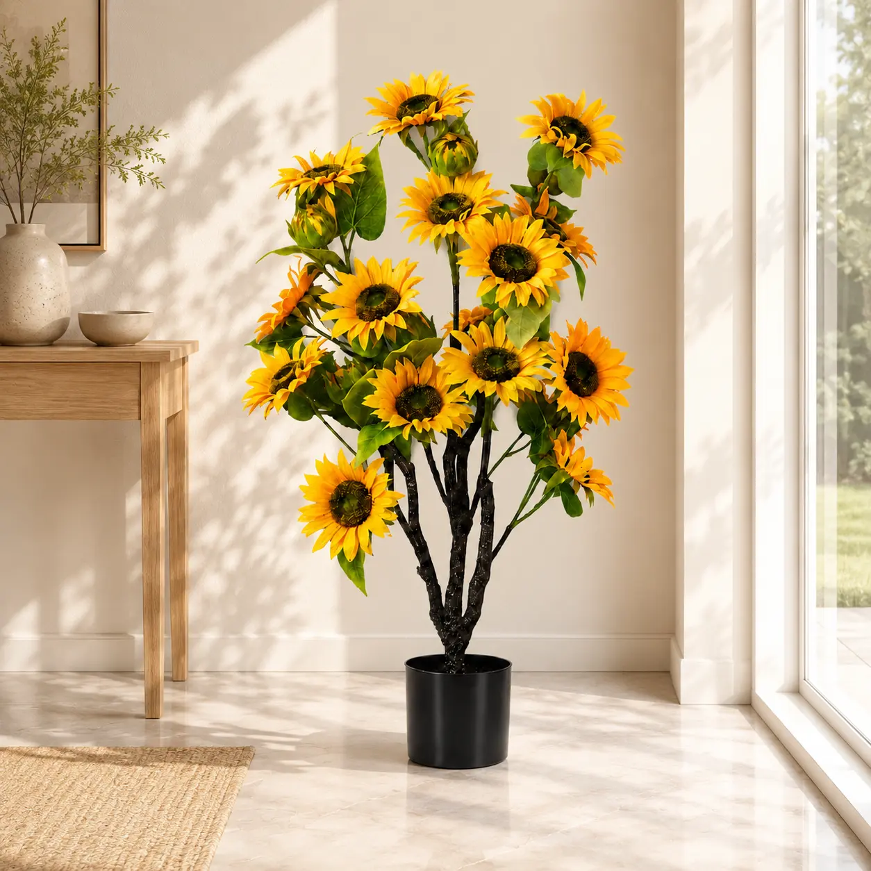 3ft Tall Plastic Farmhouse Artificial Sunflower Tree, Colorful Realistic Yellow Faux Floral Decorative Plant with Black Pot for Living Room, Home Decor