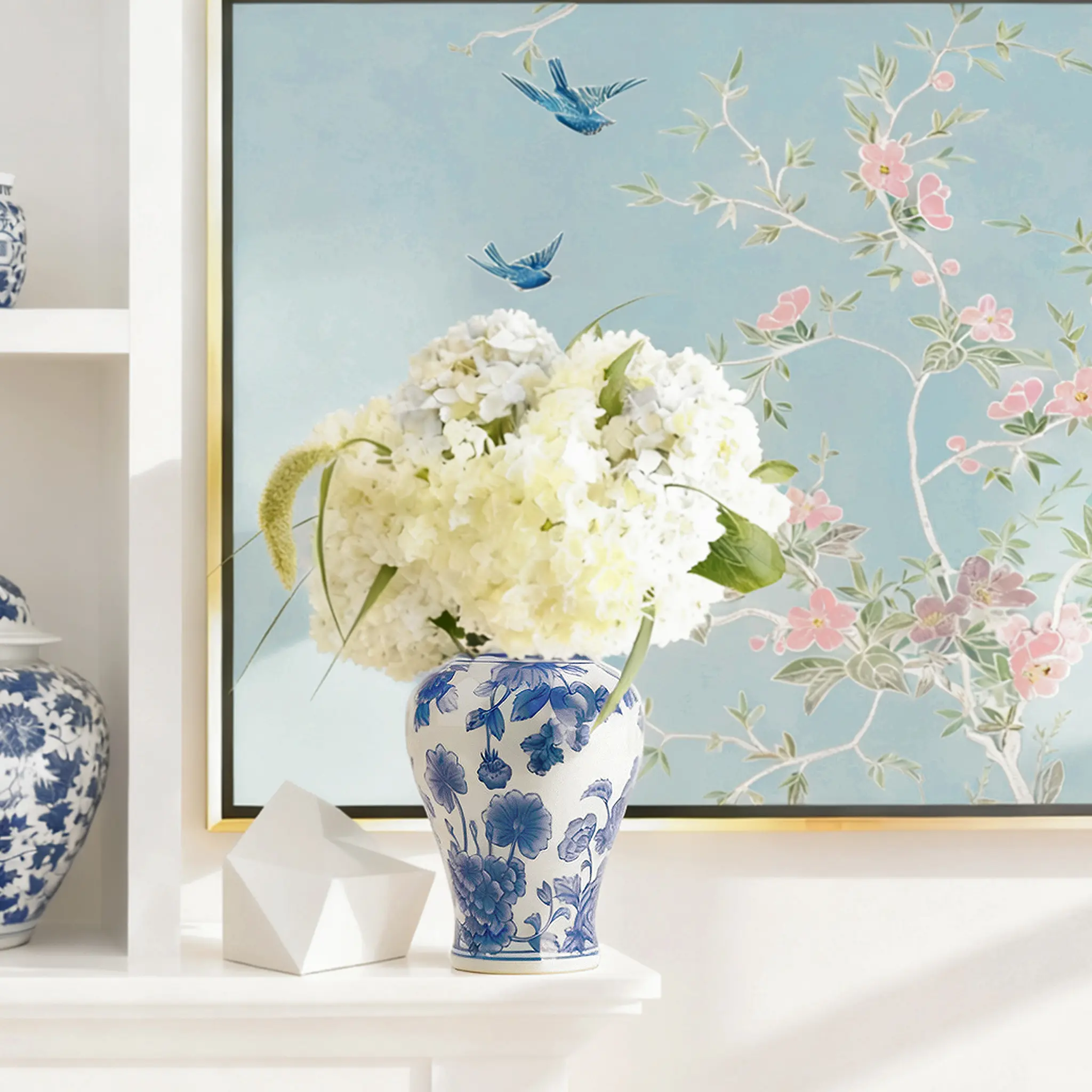 11" Blue and White Ginger Jar with Lid Antique Style Porcelain Ginger Jars Chinoiserie Home Decorative