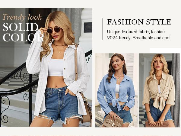 Womenswear Basic Casual Button Down Long Sleeve Shirt with Textured Collar and Pocket Minimalist Collared Blouse for Summer