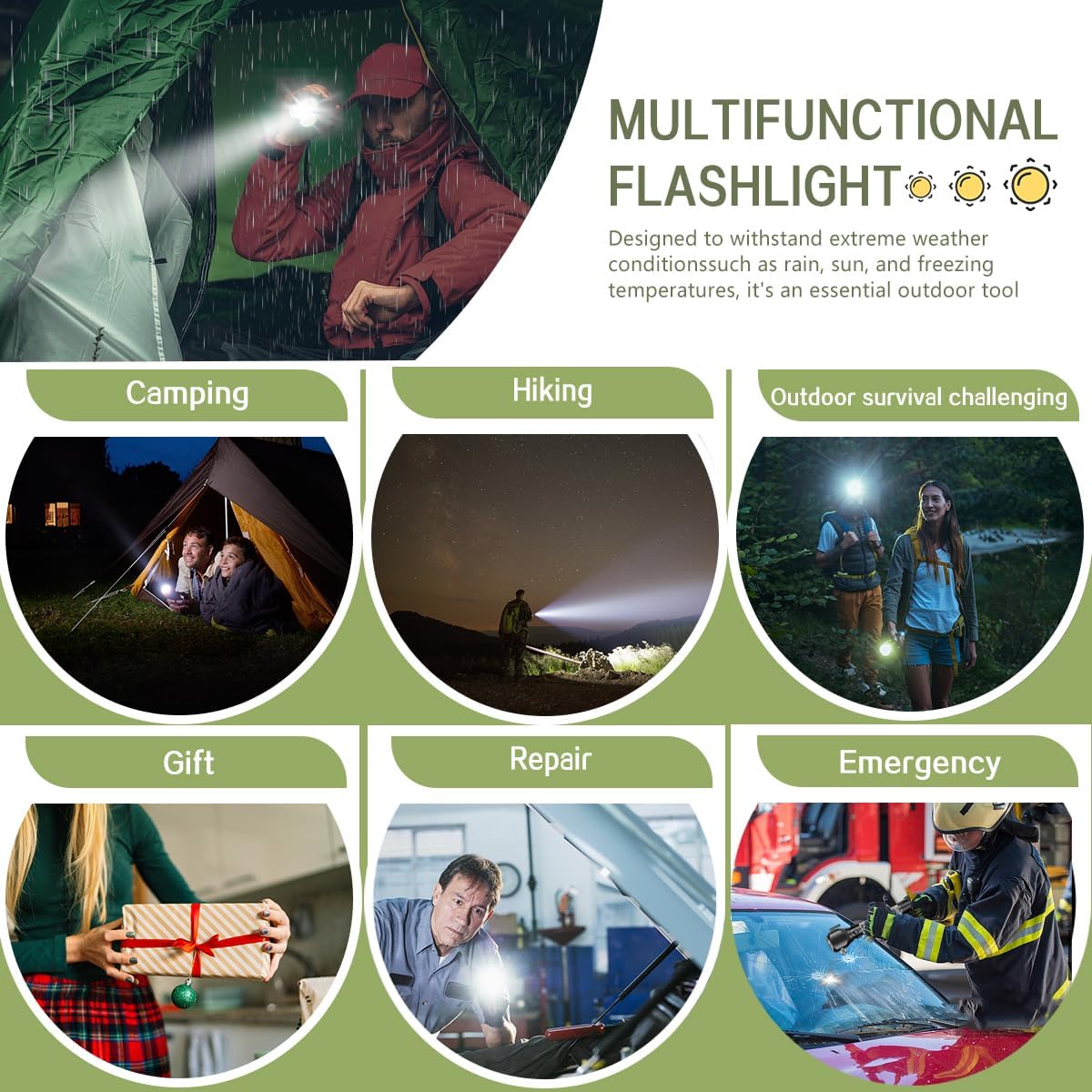 Rechargeable Tactical Flashlight - Solar Powered LED with Glass Breaker & Seatbelt Cutter | Waterproof & 380LM for Camping, Emergencies & Outdoor Survival