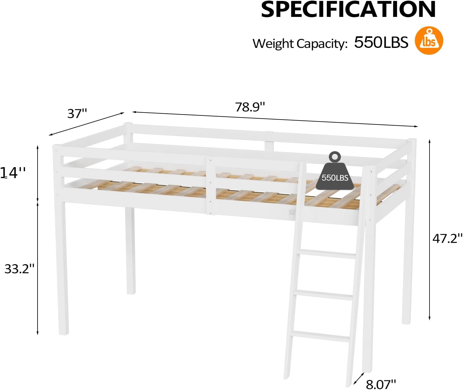 VINGLI 47'' Tall Junior Low Loft Bed with Stairs, White Wood Loft Bed Twin Size for Adults, Kids and Young Teens, No Box Spring Required,Wood Slat Support