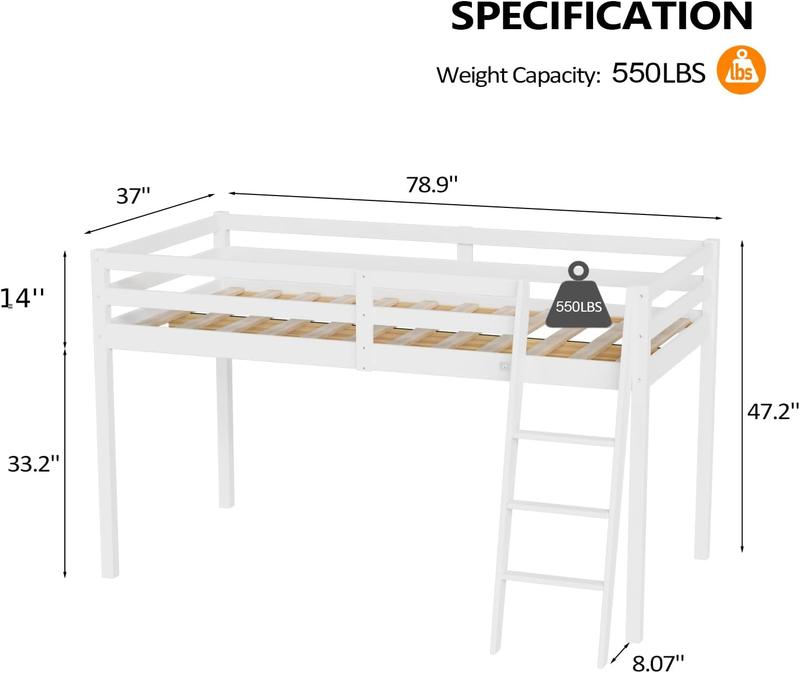 VINGLI 47'' Tall Junior Low Loft Bed with Stairs, White Wood Loft Bed Twin Size for Adults, Kids and Young Teens, No Box Spring Required,Wood Slat Support