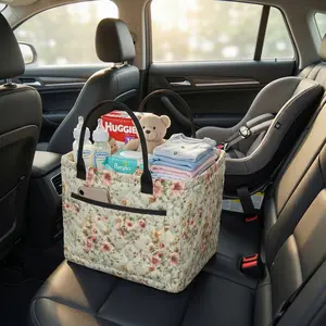 Floral Storage Basket for Car Interior, Quilted Auto Storage Organization with Handle, Foldable Durable Large Capacity Heavy Duty Mom Storage Pouch Bag