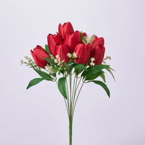 Red Silk Tulip Bloom & Leaf Stem Bouquet Faux Floral Spray  - 19"